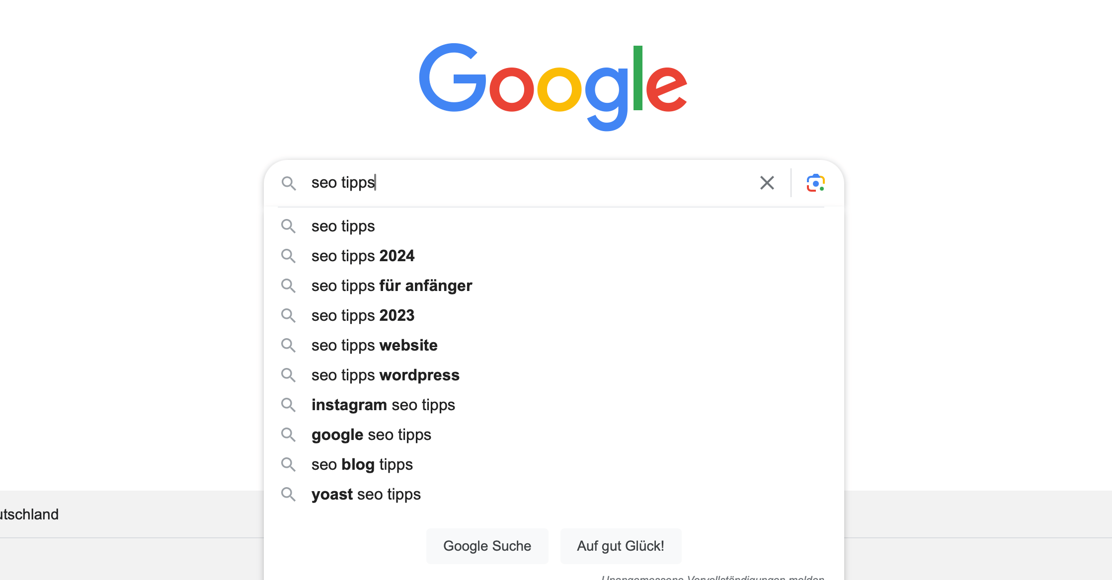 Die Google- Suche und zwei Wörter: SEO Tipps. für Anfänger erscheint als Suchvorschlag.